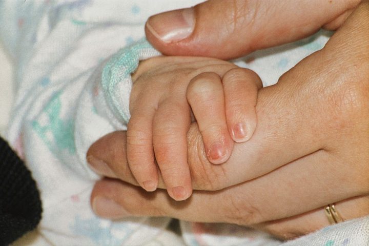 An adult hand gently holding a newborn baby's hand